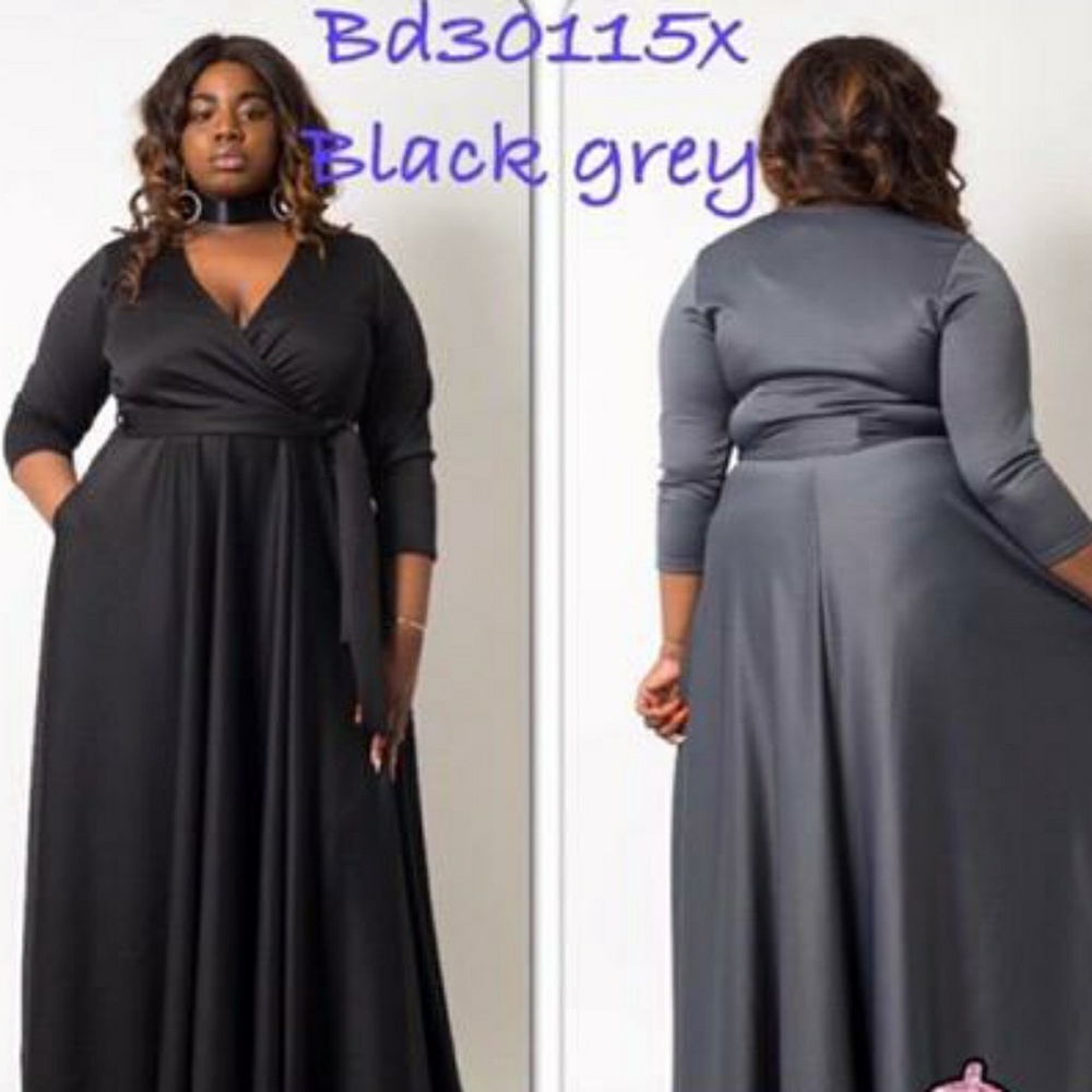 Black/Grey Belted Long Maxi Plus Size Dress